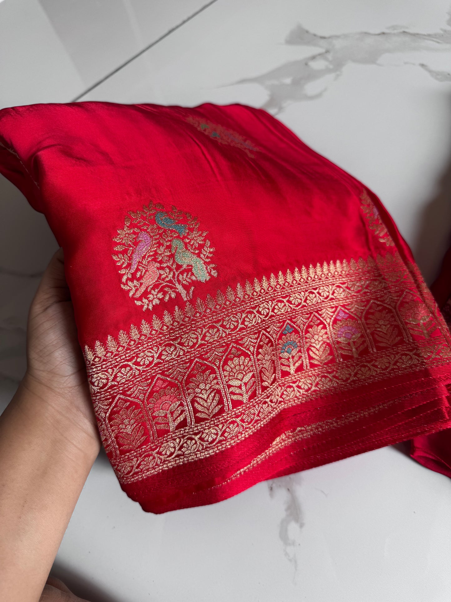Red colour satin silk saree