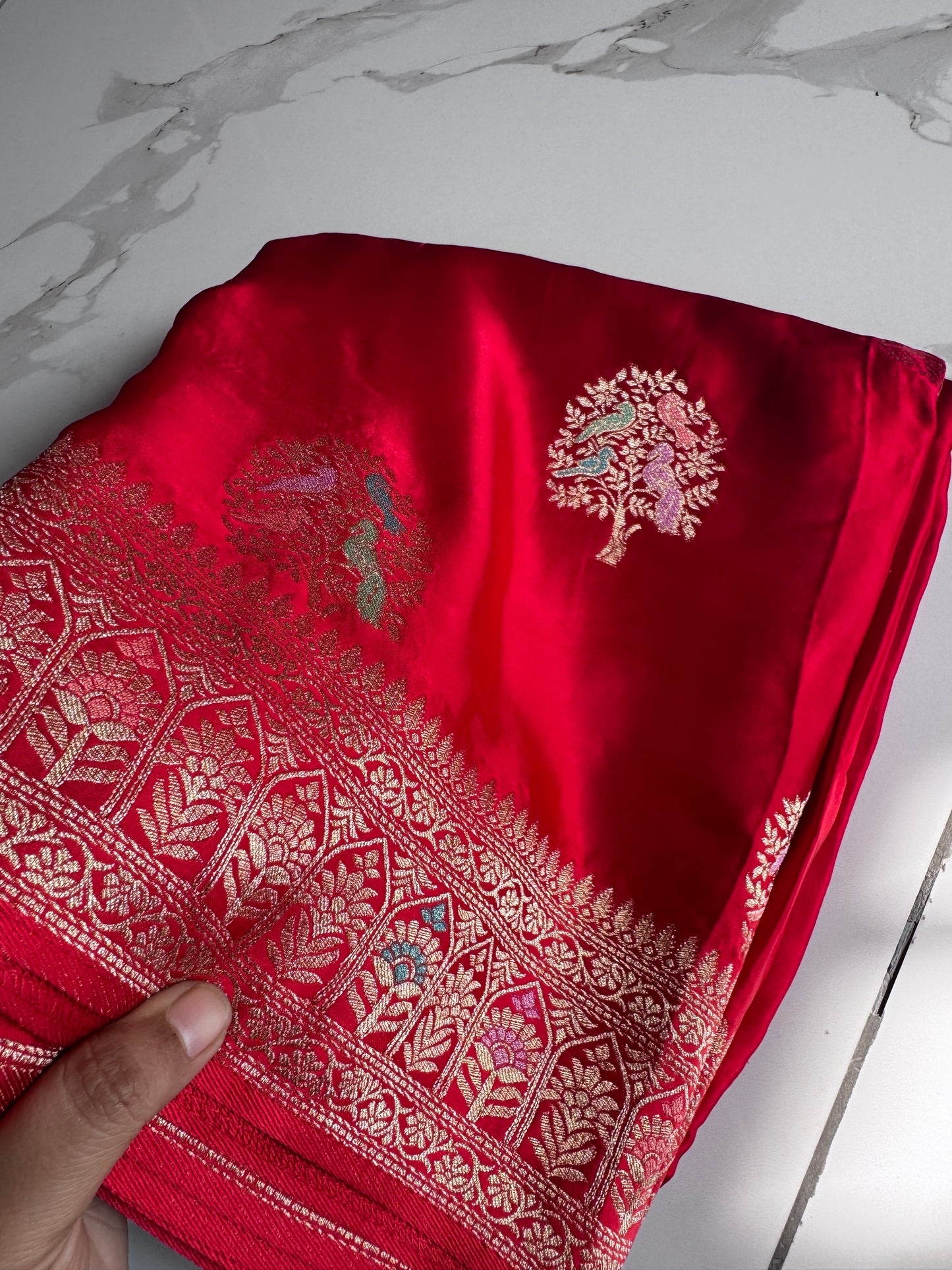 Red colour satin silk saree