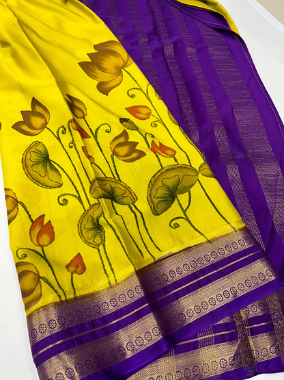 Semi mysore crepe digital printed pen kalamkari saree