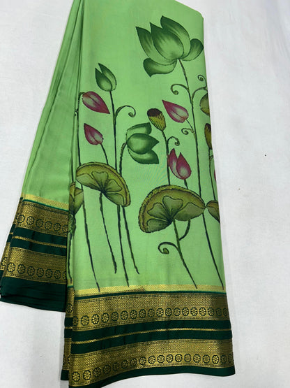 Semi mysore crepe digital printed pen kalamkari saree