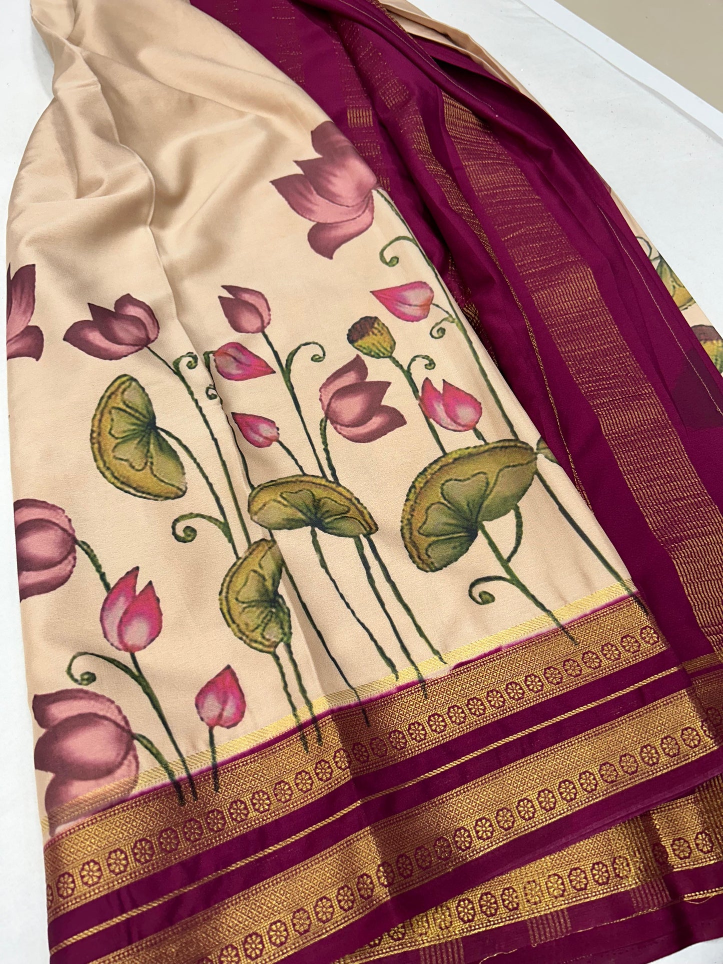 Semi mysore crepe digital printed pen kalamkari saree