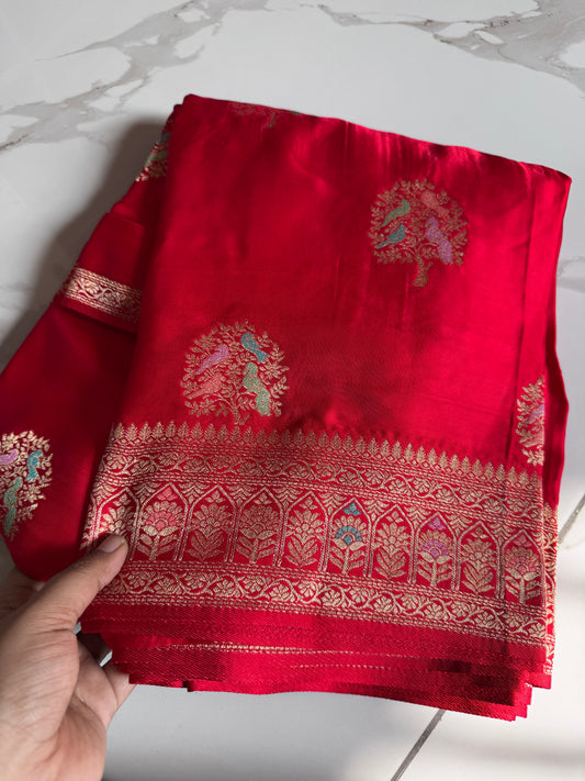 Red colour satin silk saree