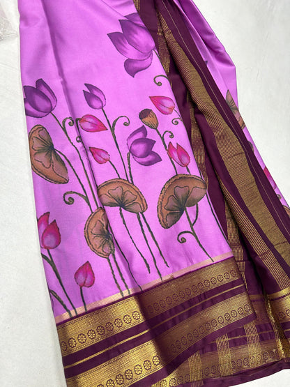 Semi mysore crepe digital printed pen kalamkari saree