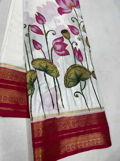 Semi mysore crepe digital printed pen kalamkari saree