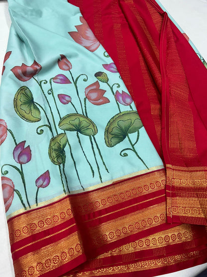 Semi mysore crepe digital printed pen kalamkari saree