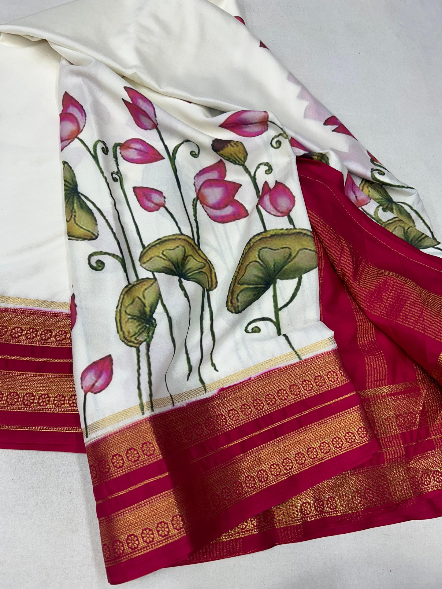 Semi mysore crepe digital printed pen kalamkari saree