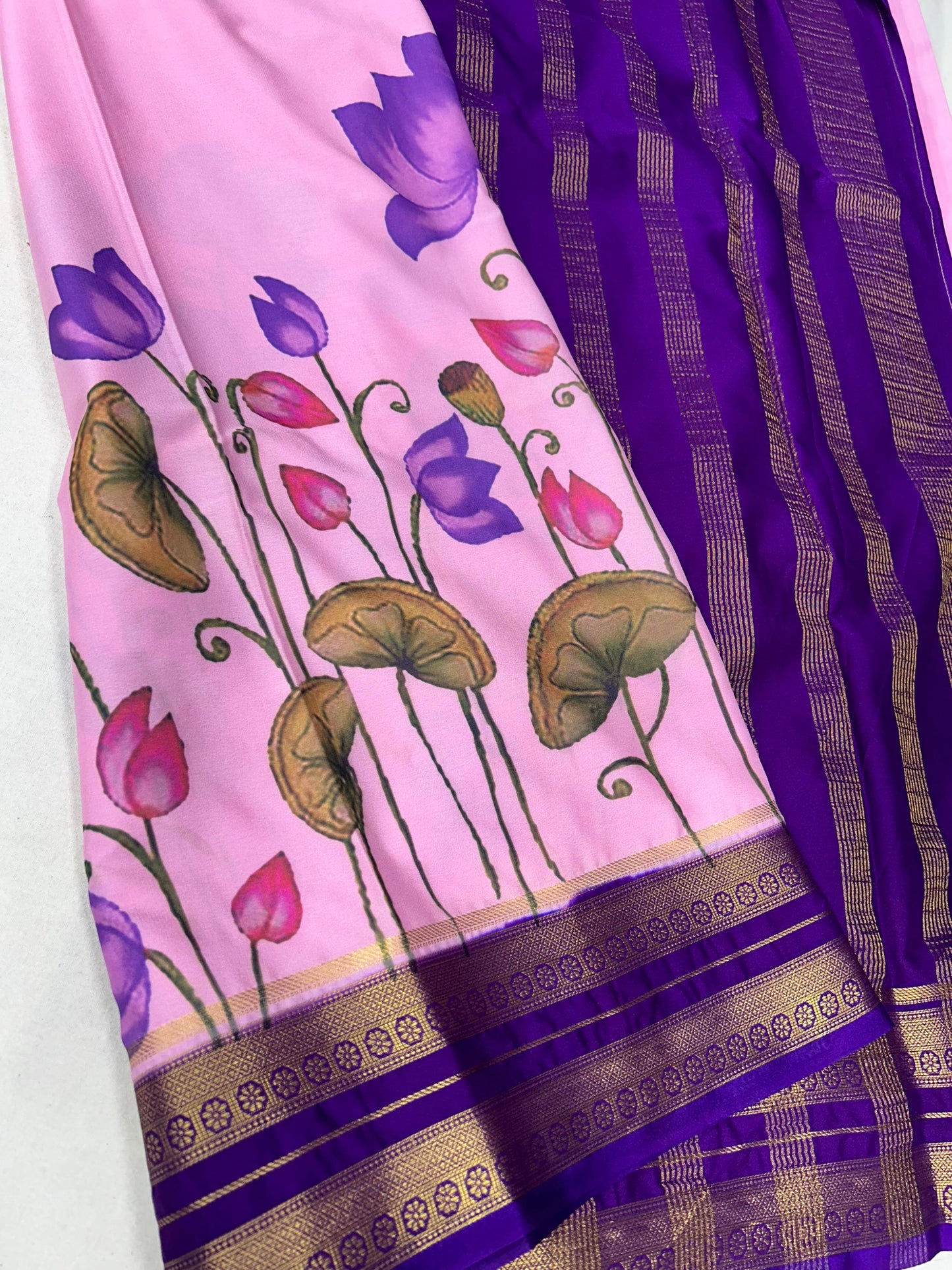 Semi mysore crepe digital printed pen kalamkari saree